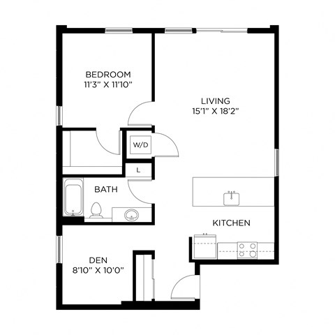 Floor plan for 1 bed, 1 bath, 945 sqft